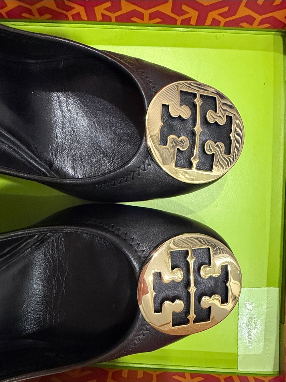 Tory Burch Black Leather Wedge Pumps with Gold Logo - Picture 7 of 7